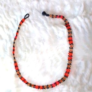 Beaded Red‎ & Black Flower Choker Necklace Handmade 18